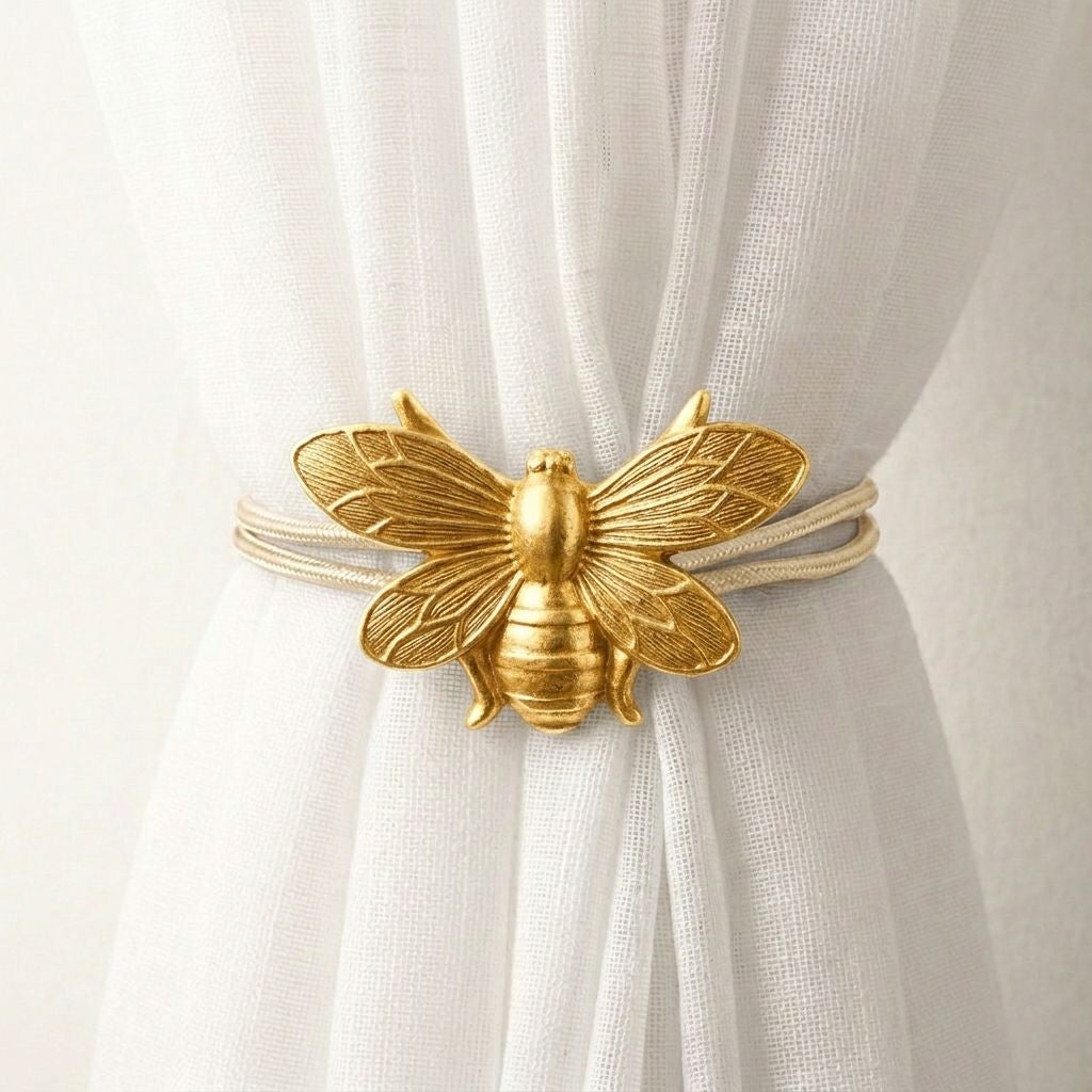 Gold bee-shaped curtain tieback on a white curtain