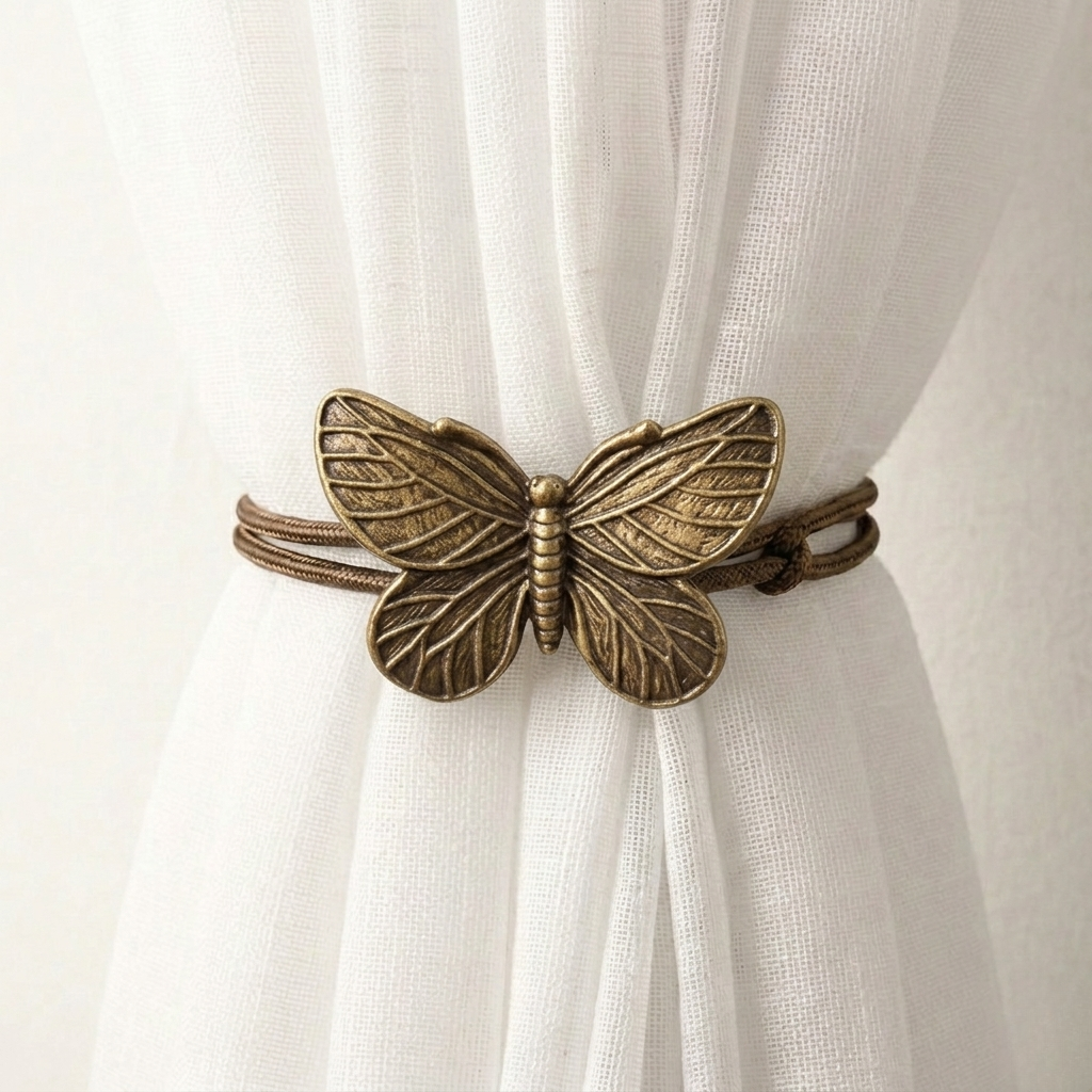 Bronze butterfly-shaped curtain tieback on a white curtain