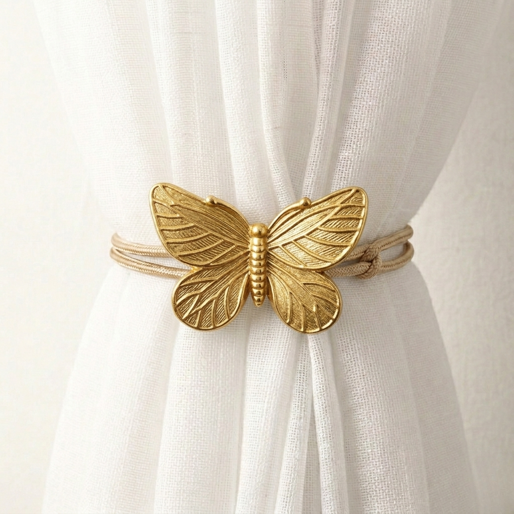 Gold butterfly-shaped curtain tieback on a white curtain