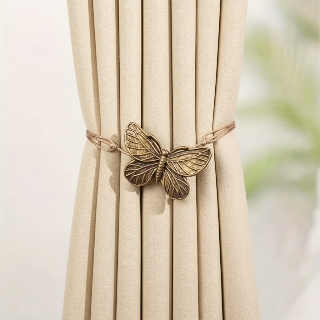 Butterfly-shaped curtain tieback on beige curtains with a blurred natural background