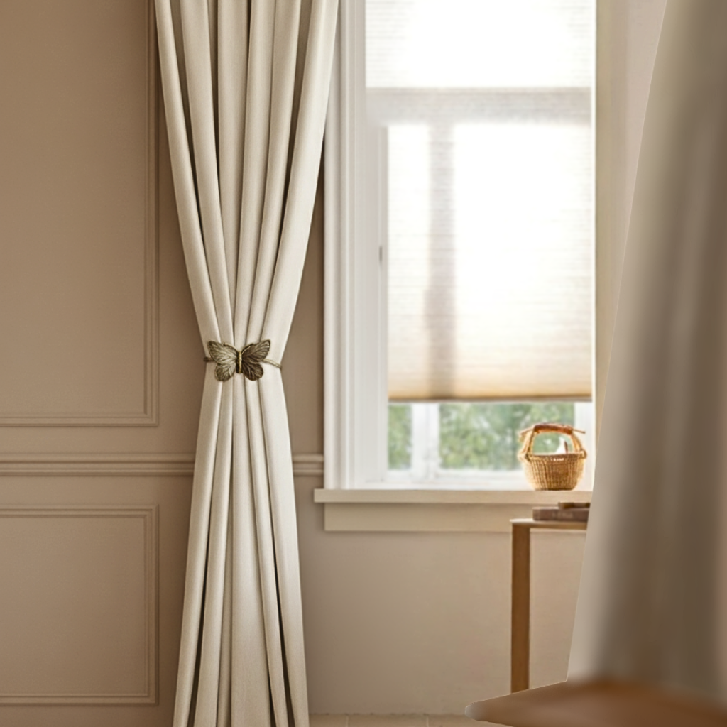 White curtains with a decorative butterfly tieback in front of a window.