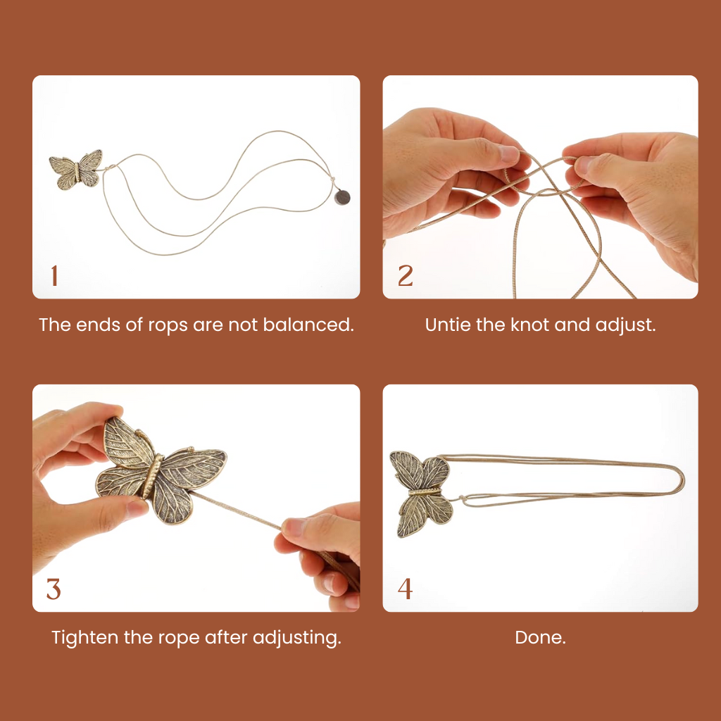 Step-by-step guide on adjusting a butterfly hair clip with ropes.