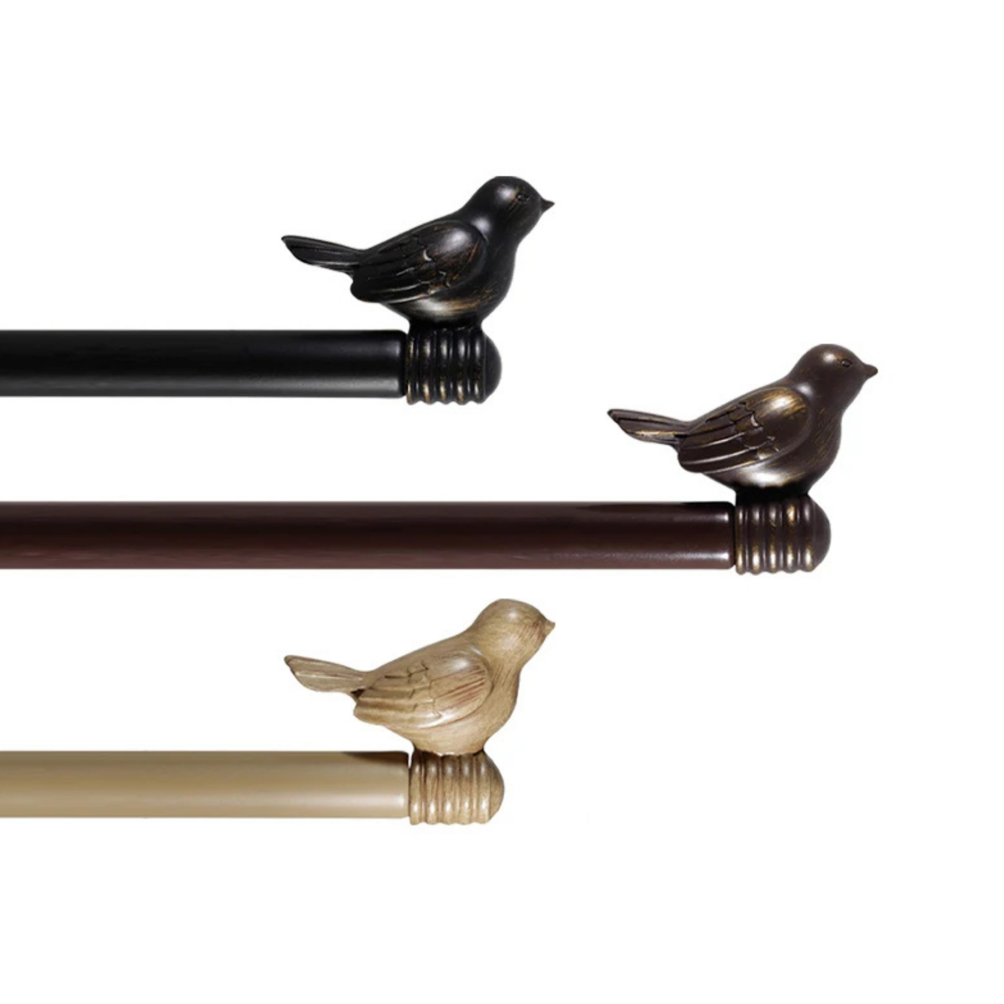 Decorative curtain rods with bird finials in bronze, wood, and black on a white background.