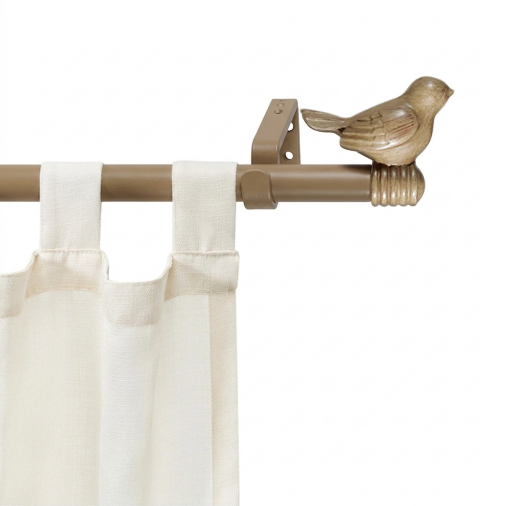 Curtain rod with decorative bird finial and white curtains on a white background