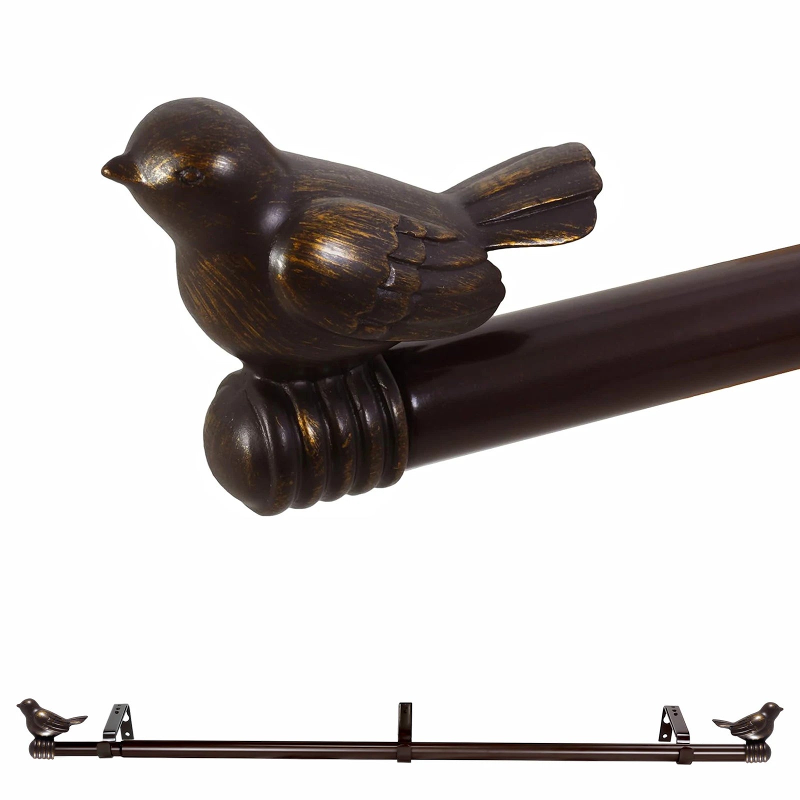 Decorative curtain rod with bird finial in bronze finish on a white background