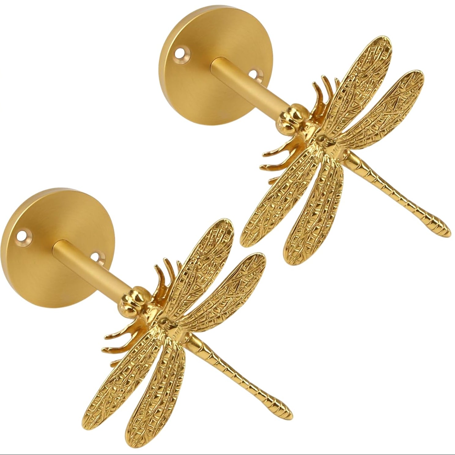 Gold dragonfly wall-mounted decorative curtain holdbacks on a white background