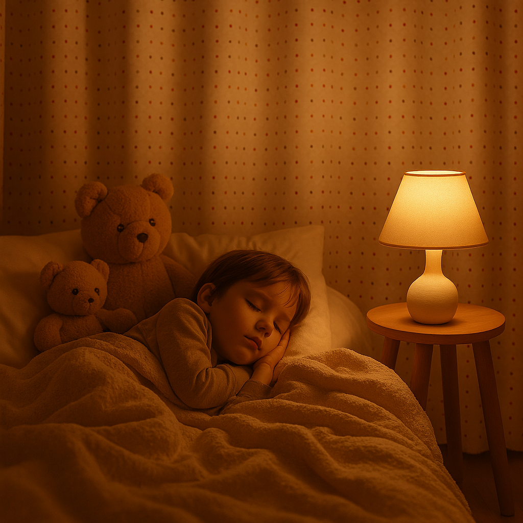 Child sleeping in bed with teddy bears and a lamp on a nightstand in a dimly lit room with White curtains of colorful polka dots.