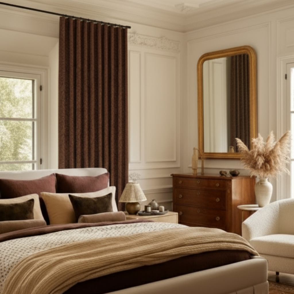 warm and cozy bedroom with a bed, dresser, and brown velvet blackout drapes