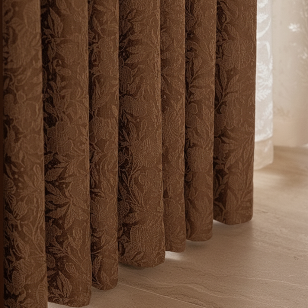 Brown velvet blackout drapes on a wooden floor