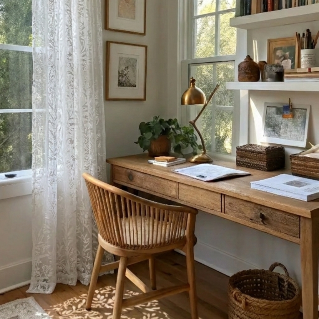 Home office with wooden desk, chair, and decorative white floral lace curtains.