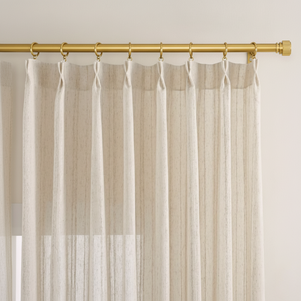Sheer beige linen curtains with a gold curtain rod on a neutral background