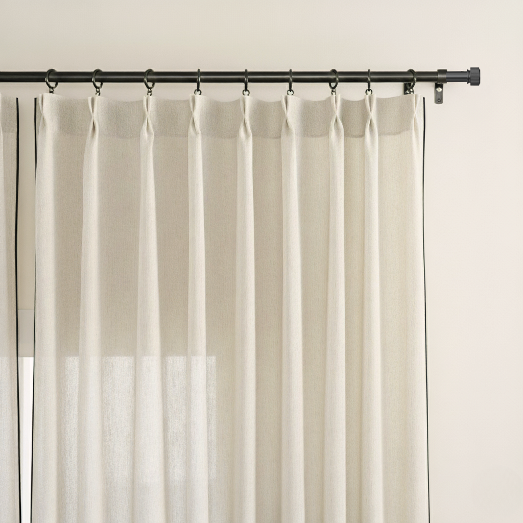 Beige curtains on a black curtain rod against a beige wall