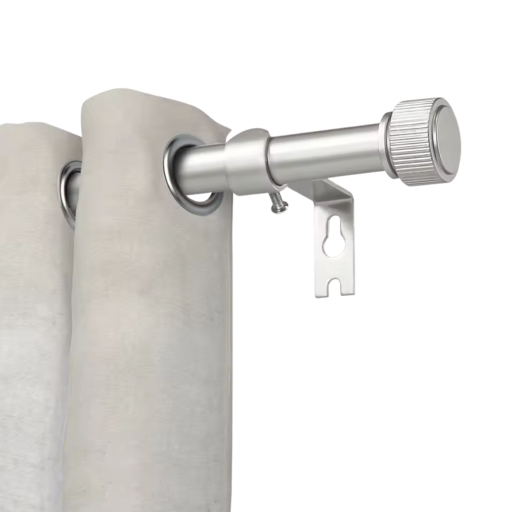 Curtain rod with beige curtains on a white background