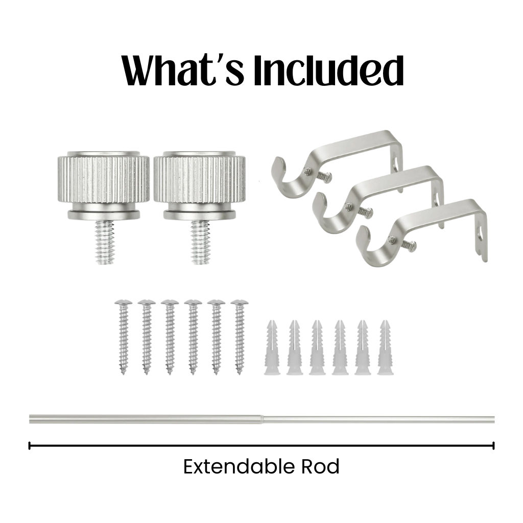 Curtain rod hardware set with clips, screws, and an extendable rod on a white background.