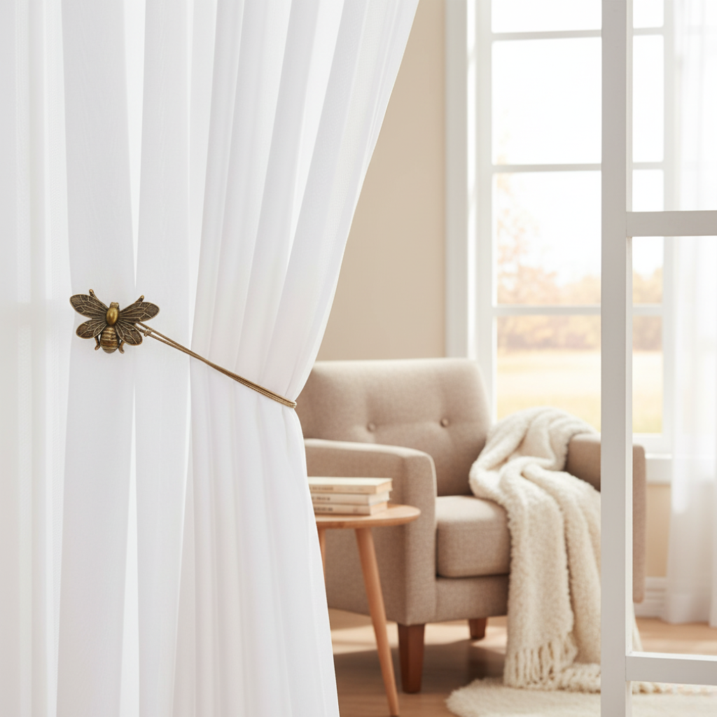 White curtain with decorative curtain tieback and beige armchair in a room with large windows.