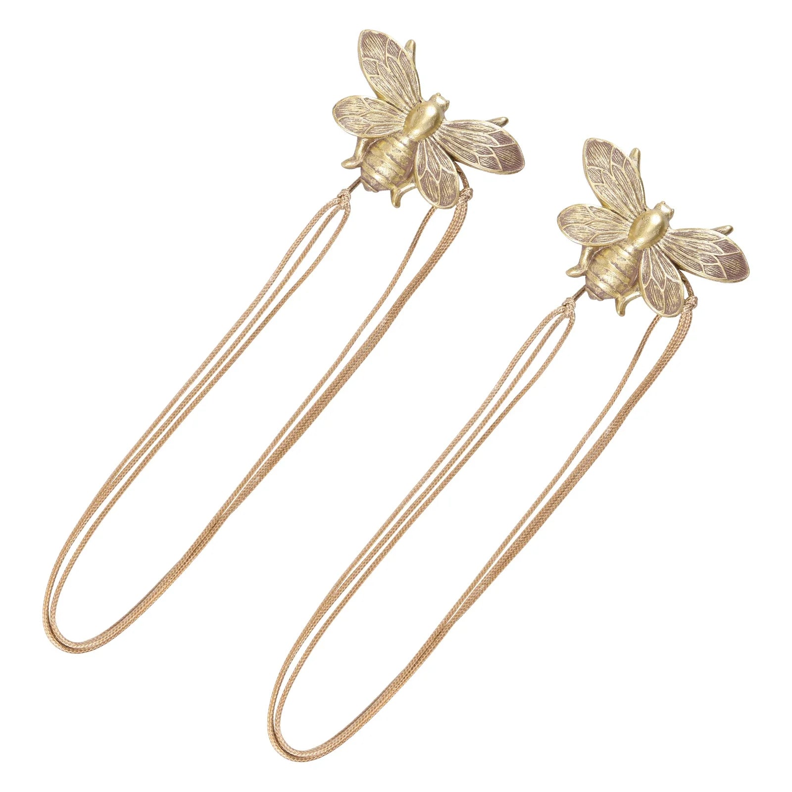 Pair of bronze curtain tiebacks with bumble bee designs on a white background