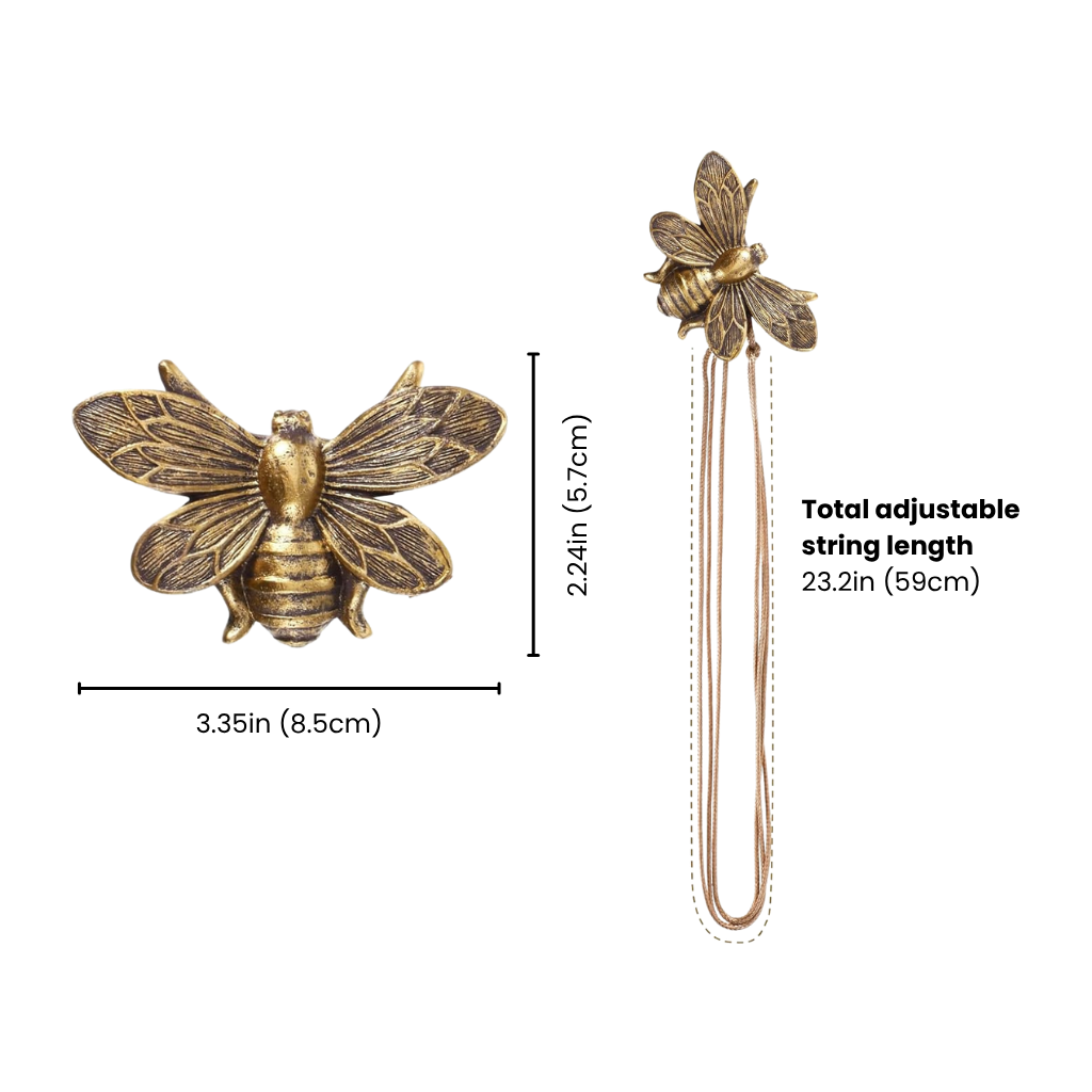 Bronze bee-shaped curtain tiebacks with measurement details on a white background