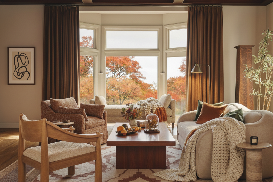 Cozy living room with autumn decor, including a fireplace, chairs, and a coffee table.