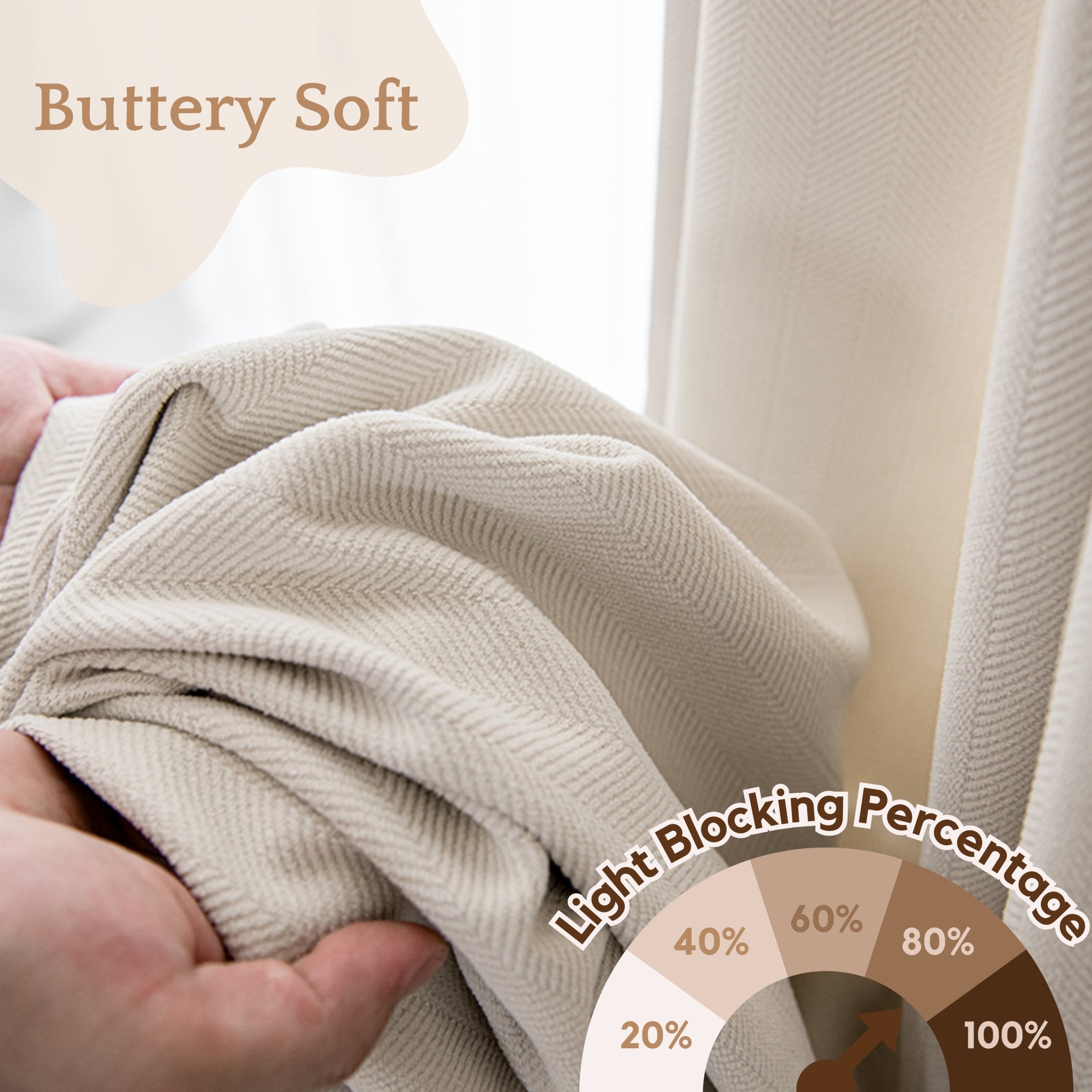 hands holding up herringbone textured curtain fabric showing its soft touch and light blocking ability of 80%