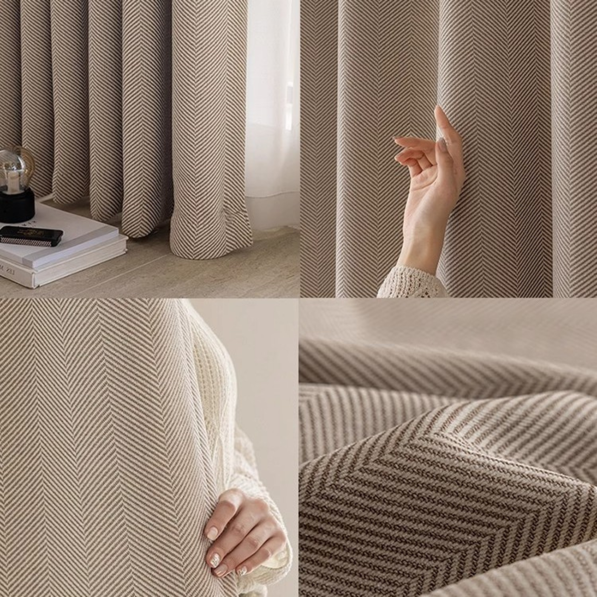 Collage of beige herringbone patterned curtains and fabric.