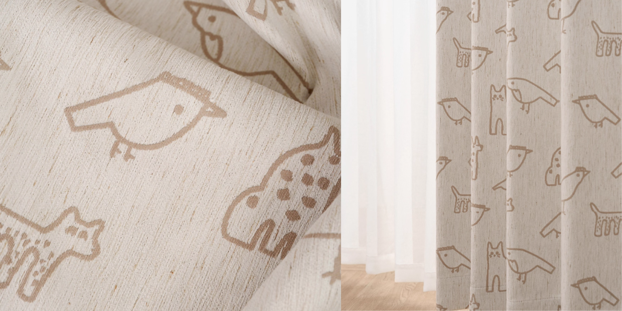 kids' room curtains with animal pattern on a beige fabric