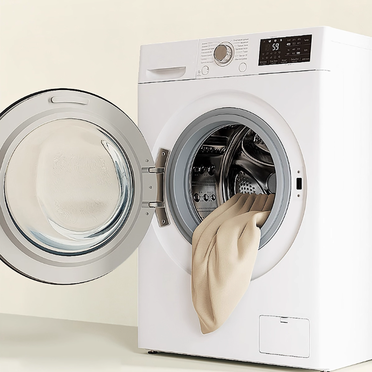 White washing machine with open door showing a beige curtain inside on a light beige background
