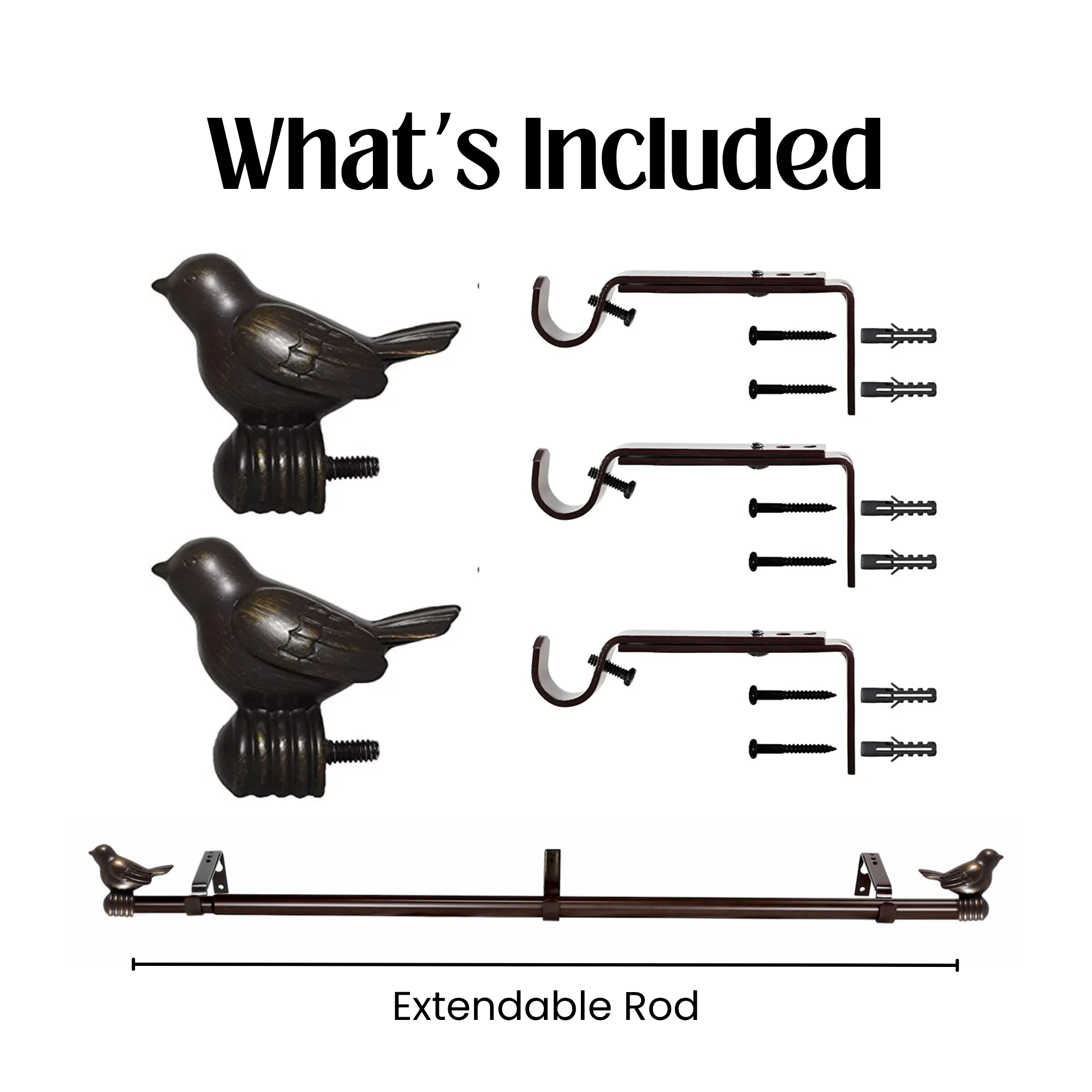 a list of accessories included for installation of the bird curtain rod