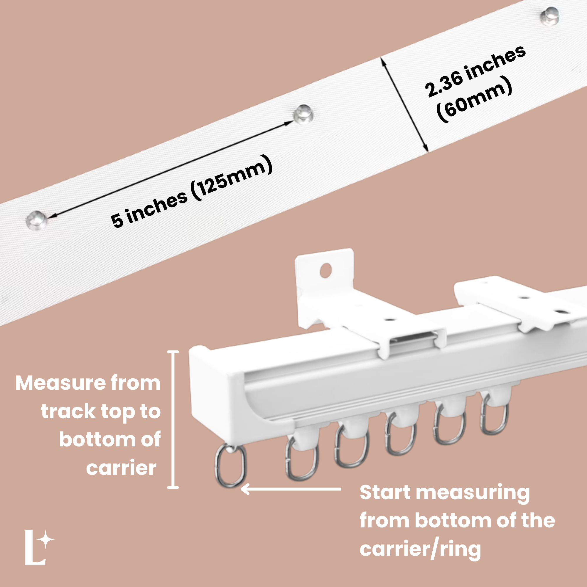 Measurement guide for a curtain track system with dimensions and instructions on a beige background.