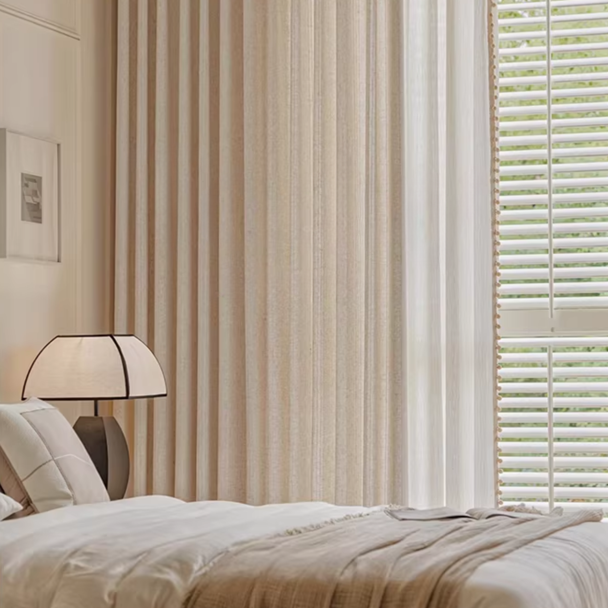 Cream striped linen curtains in a bedroom setting with a lamp and bed.