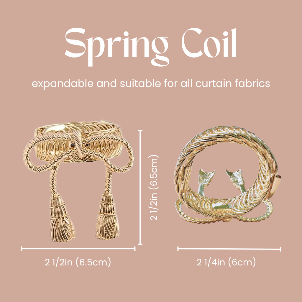 A product information graphic for a spring coil curtain rod. The image shows two views of the gold-finished spring coil on a dusty pink background, with text indicating it is expandable and suitable for all curtain fabrics.