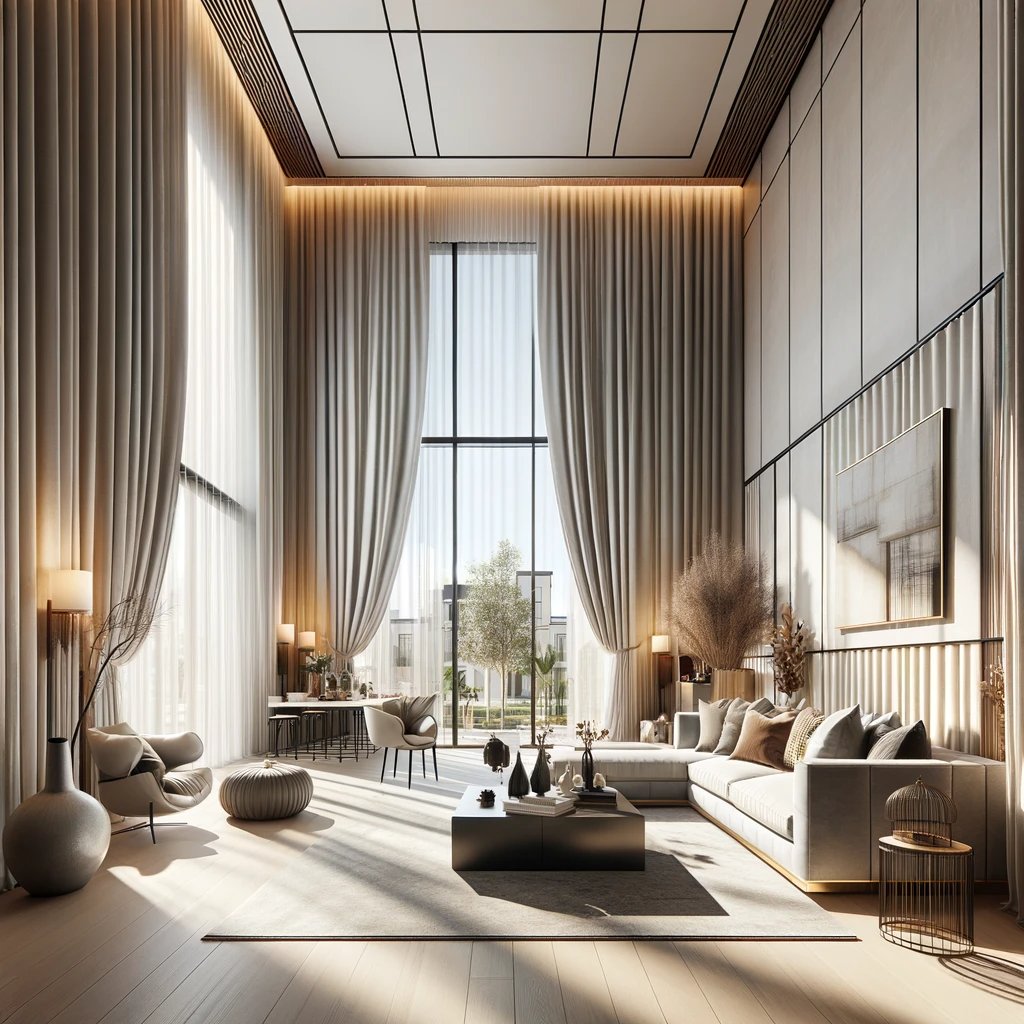A photo of a modern living room with high ceilings. The room is spacious and well-lit, featuring large windows draped with elegant curtains