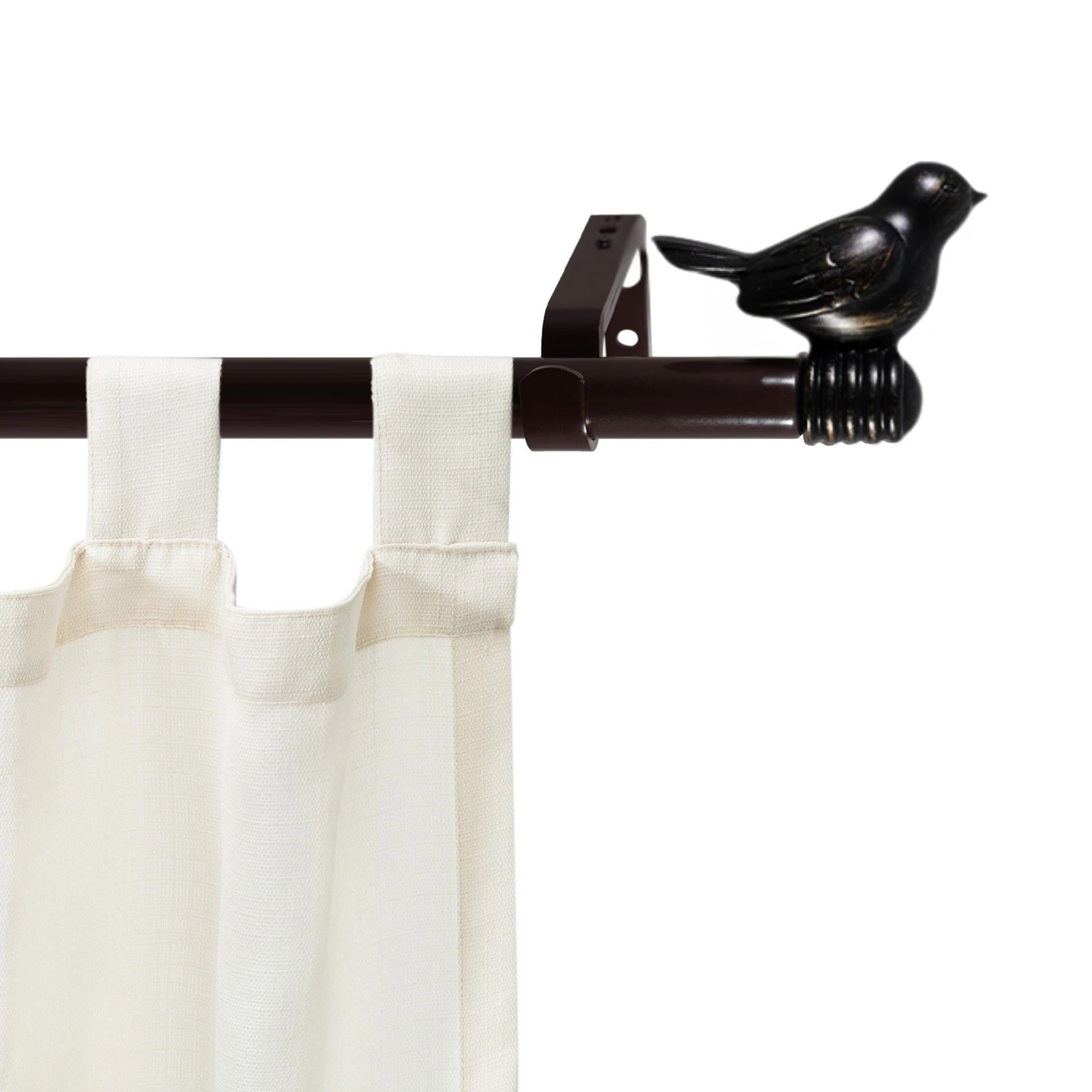 Curtain rod with bird finial and white curtain on a white background