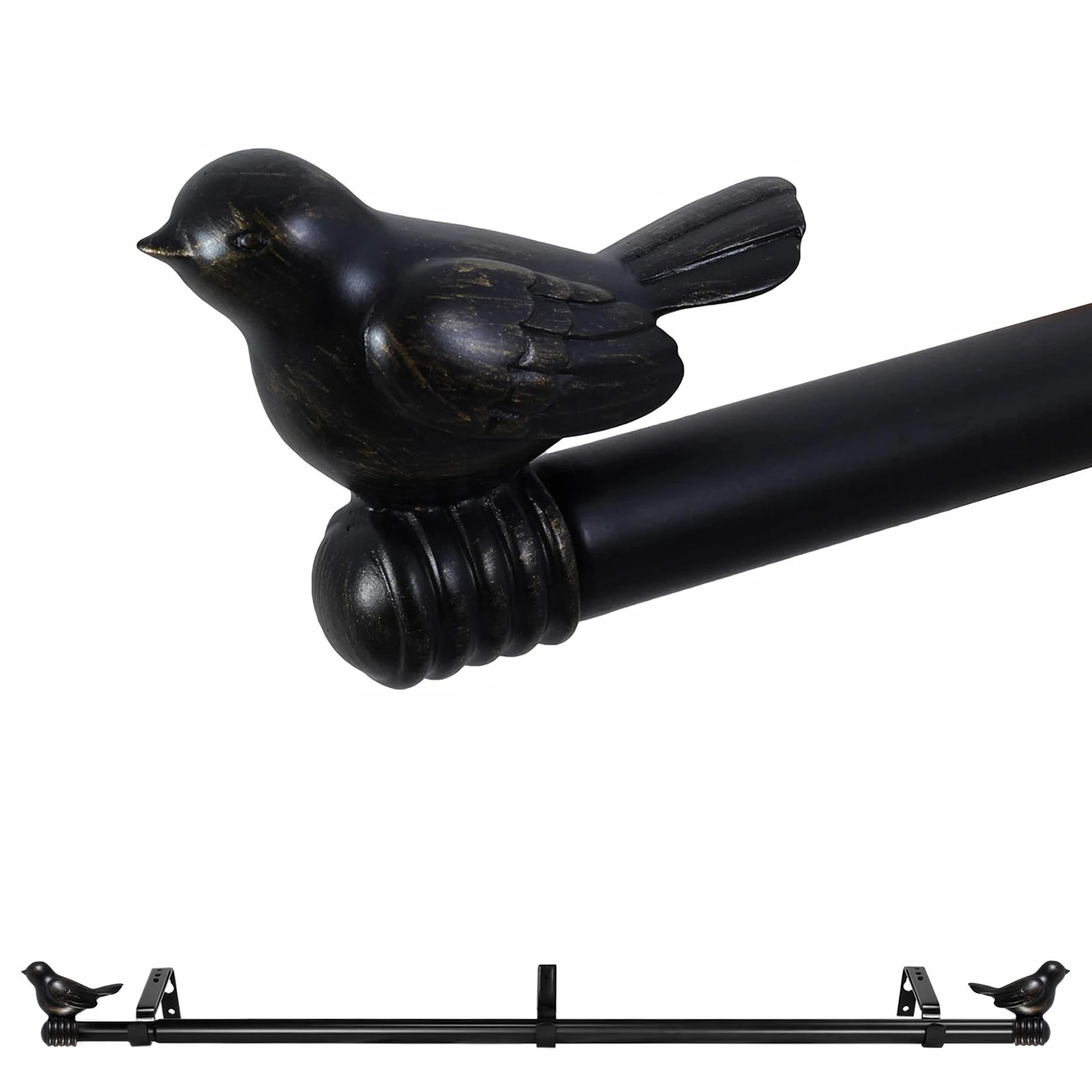 Black bird-shaped curtain rod on a white background