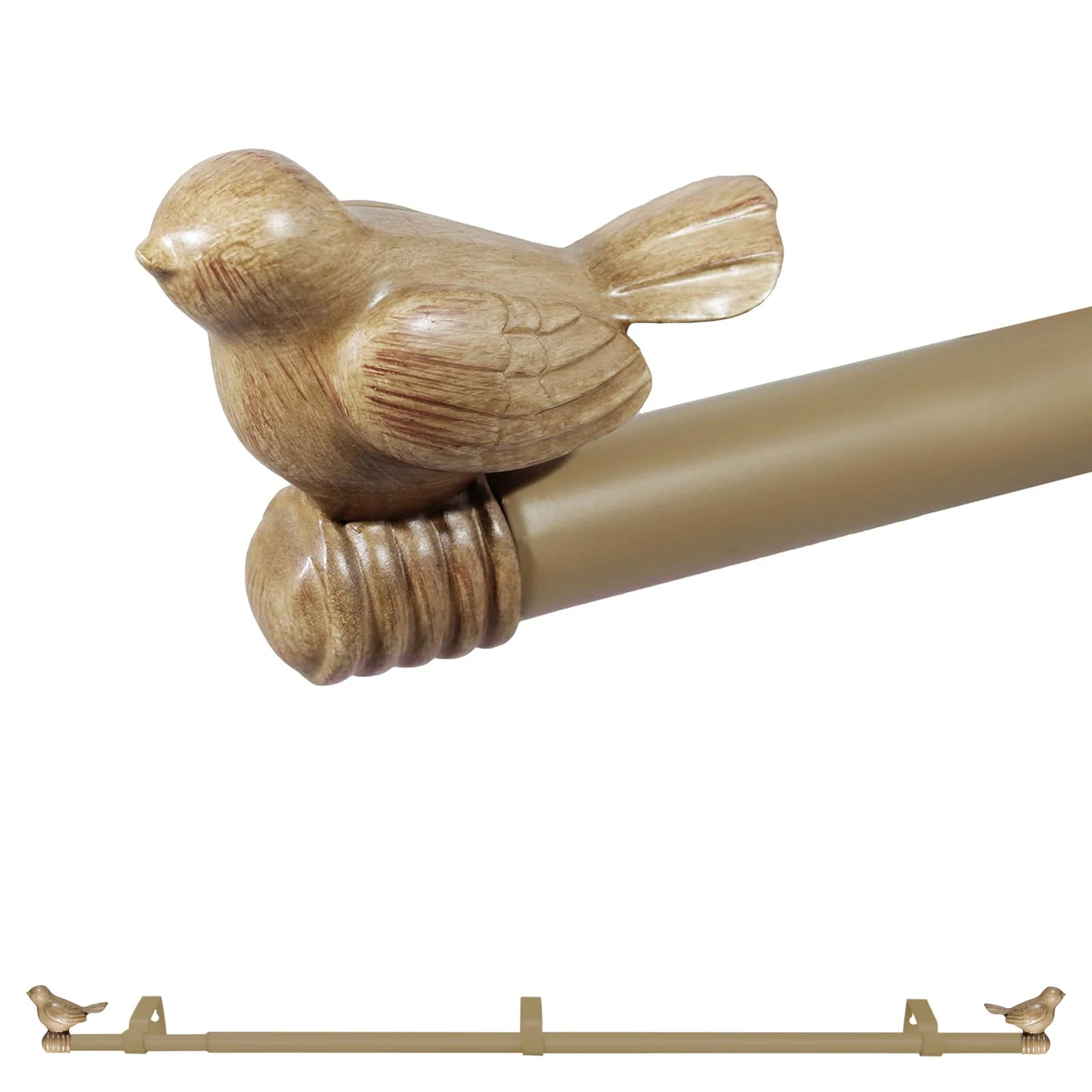 Wooden finished bird-shaped curtain rod holder on a beige rod with small birds attached to it.