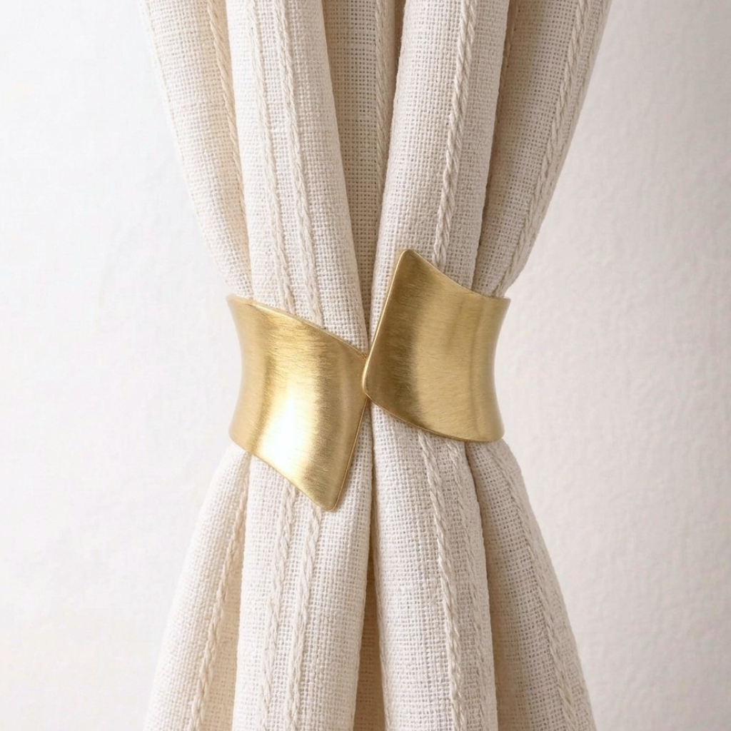 Beige curtain with gold metallic tie-back on a white background