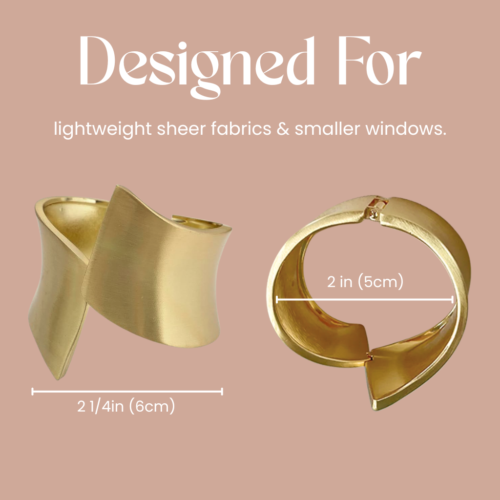 Gold curtain tieback with measurements on a pink background
