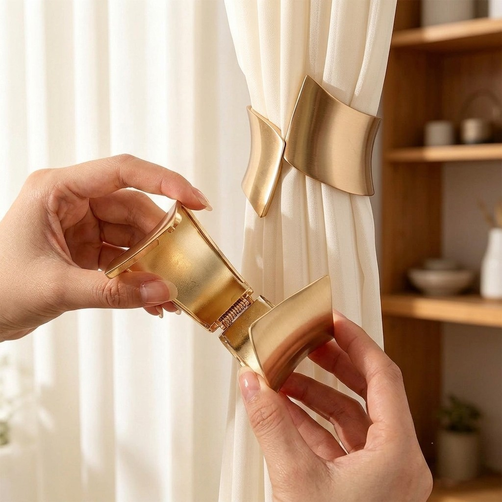 Gold curtain tieback being adjusted by a hand against a neutral background