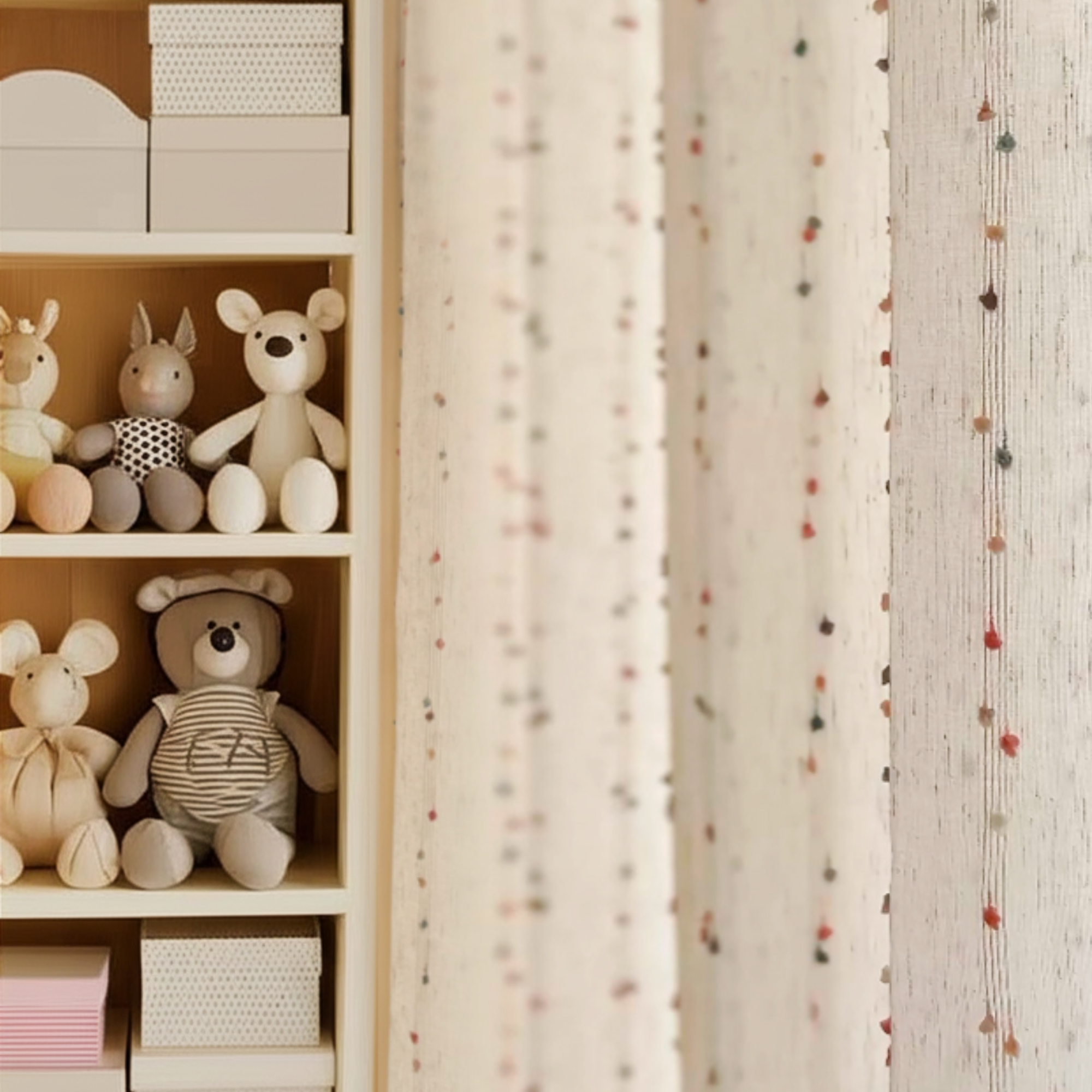 Shelf with stuffed animals in a room with rainbow pom pom sheer curtains