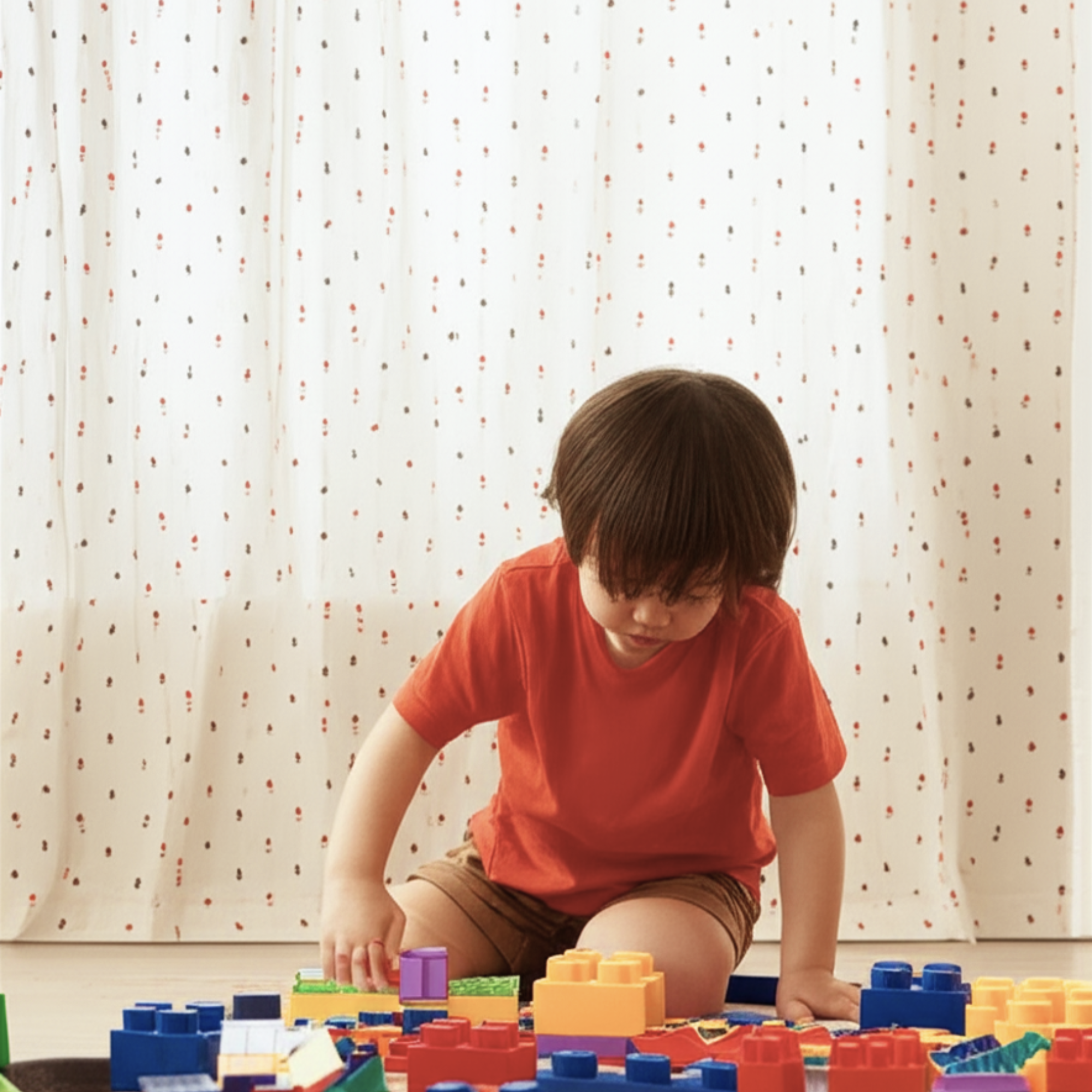 Child playing with colorful building blocks in front of a polka dot curtain