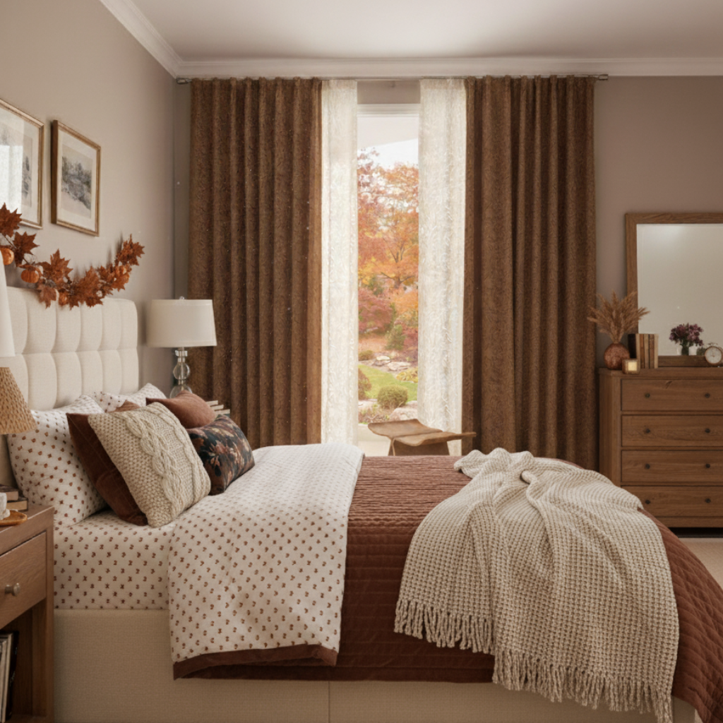 Cozy bedroom with floral blackout curtains and autumn decorations.