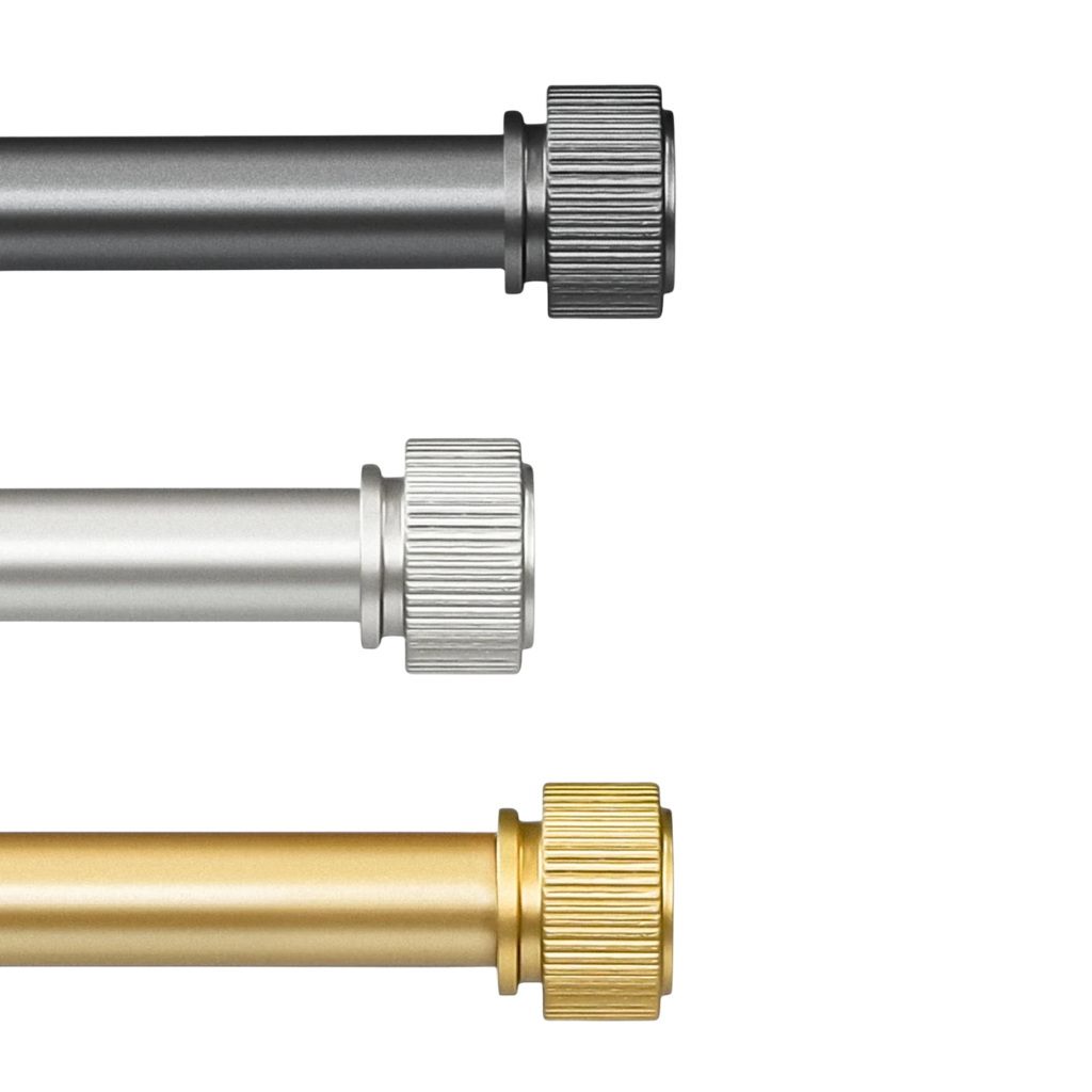 Three curtain rods in silver, gold, and bronze on a white background
