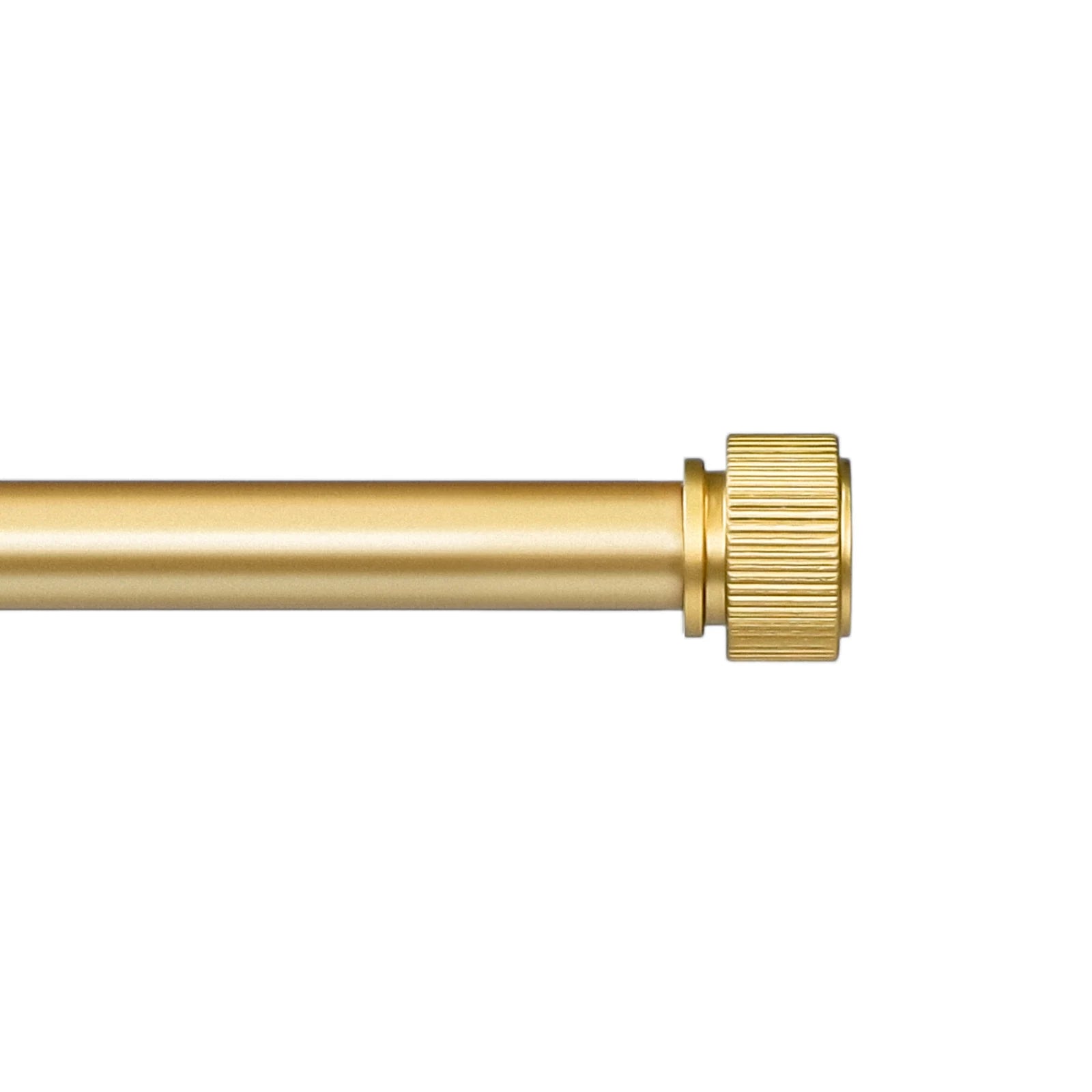 Gold curtain rod with a textured end cap on a white background
