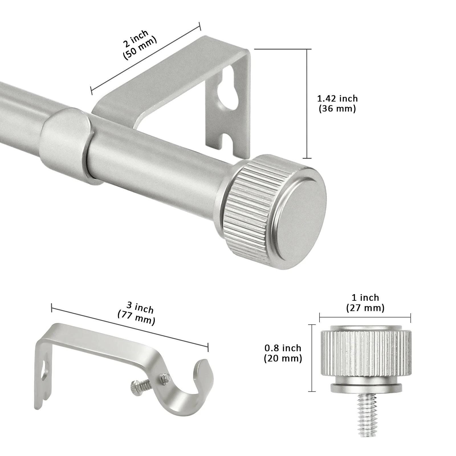 Curtain rod hardware set with measurements on a white background
