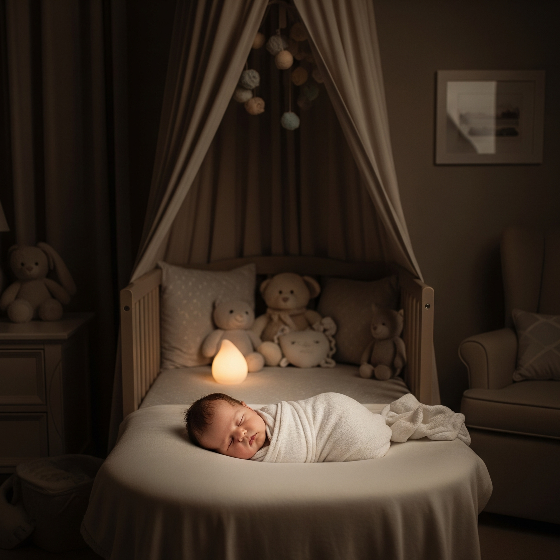 Newborn baby lying in a crib with teddy bears and a soft glow in a cozy room.