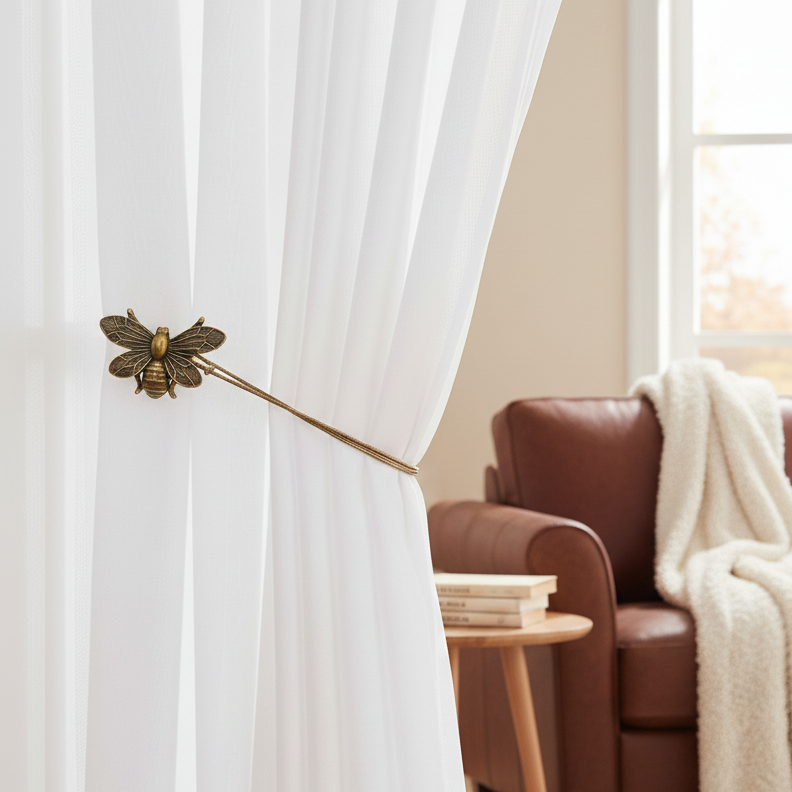 Brown leather sofa with a white blanket in a room with white curtains and a wooden side table.