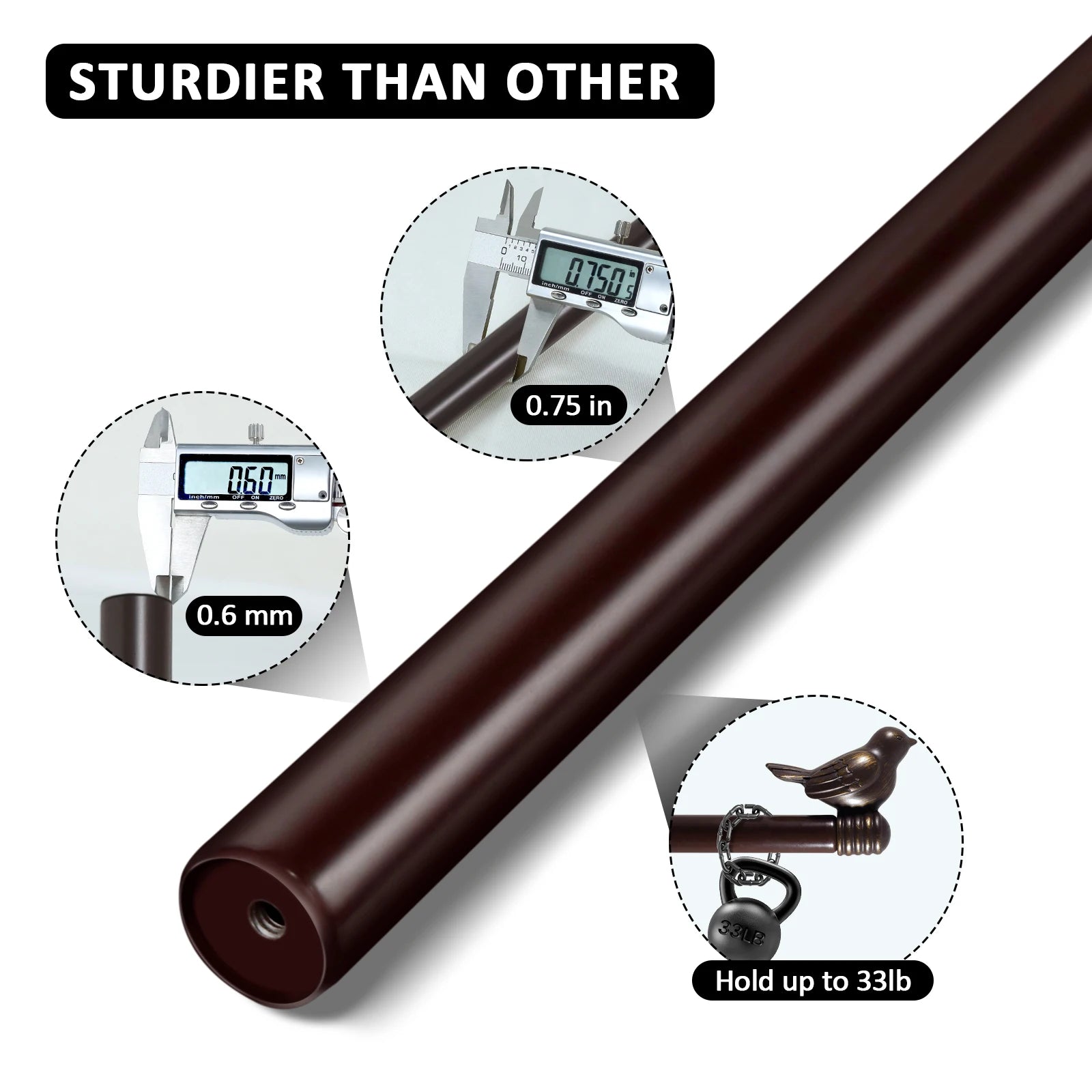 Brown curtain rod with measurement details and bird ornament on a white background