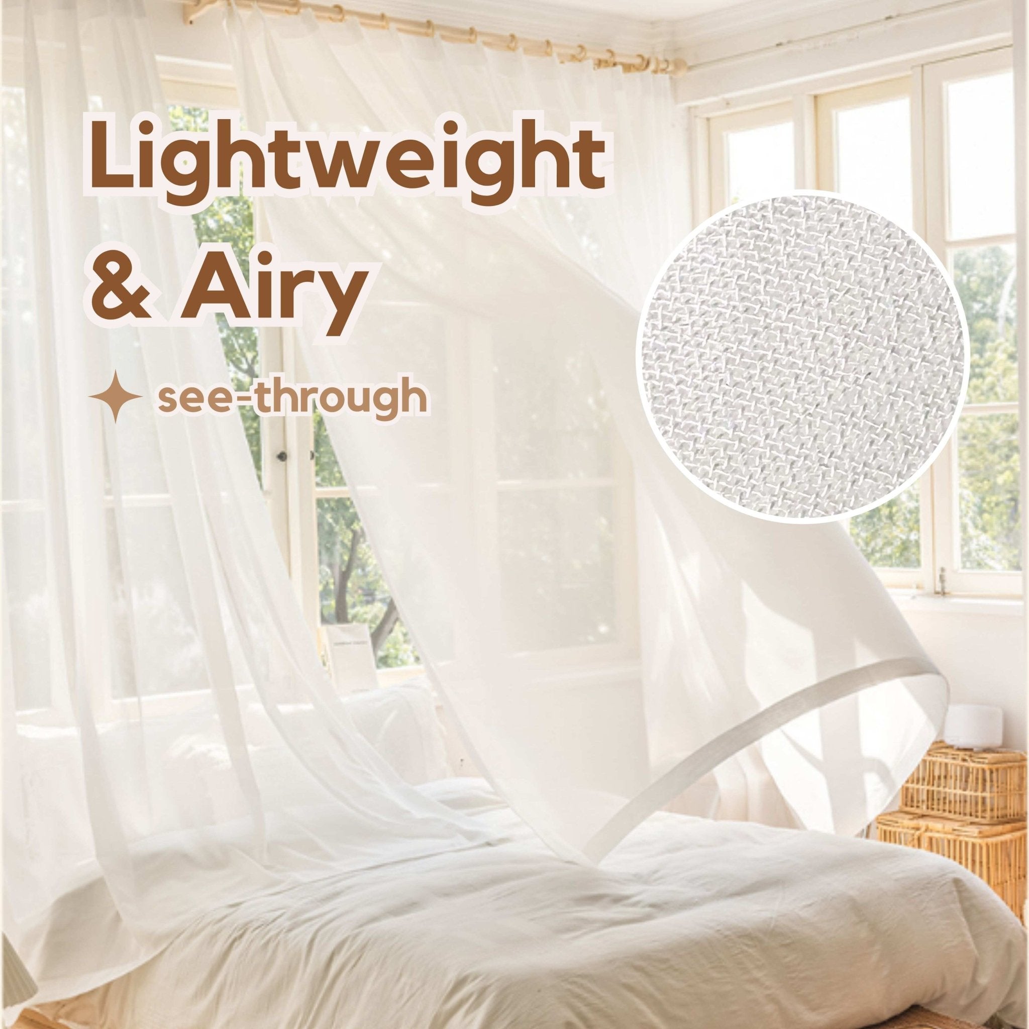 Sheer white curtains in an airy room, with a close-up of the fabric texture. The text on the image reads 'Lightweight & Airy' and 'see-through'.