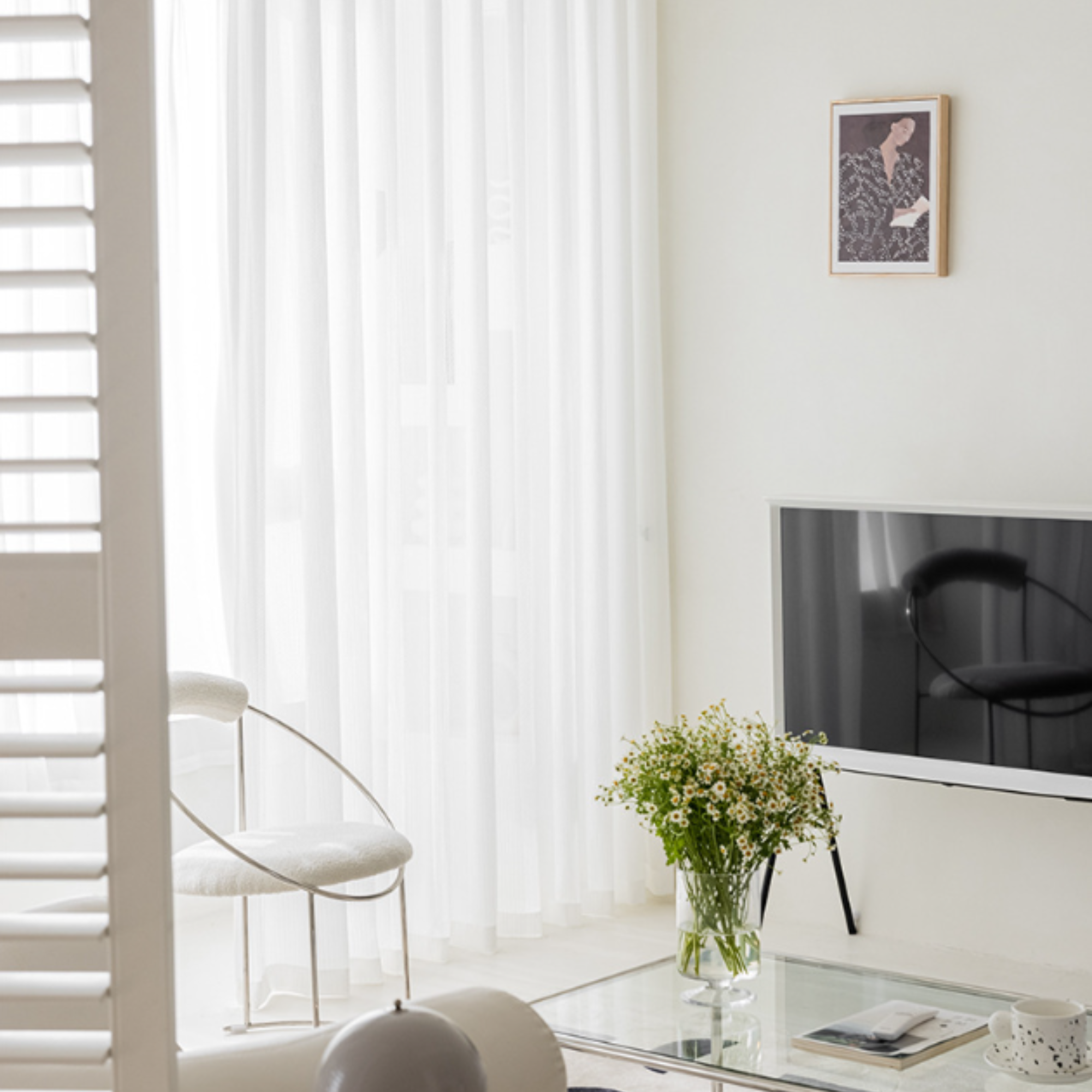 Modern living room with cat proof sheer curtains, a TV, and decorative elements, perfect for pet owners.