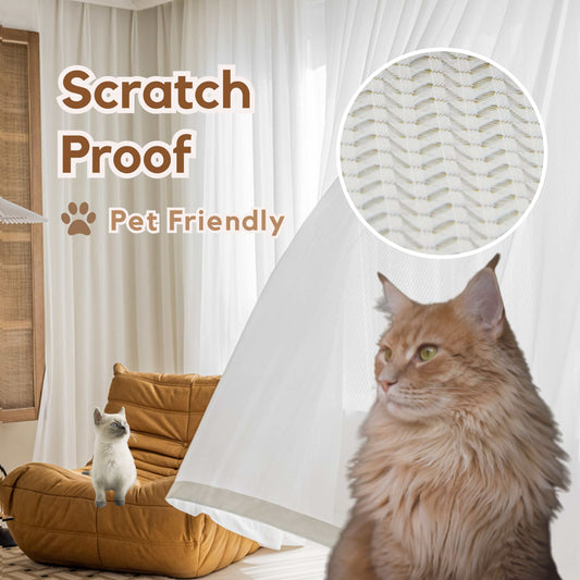 Scratch proof sheer curtains that's designed for cats, dogs, and other pets.