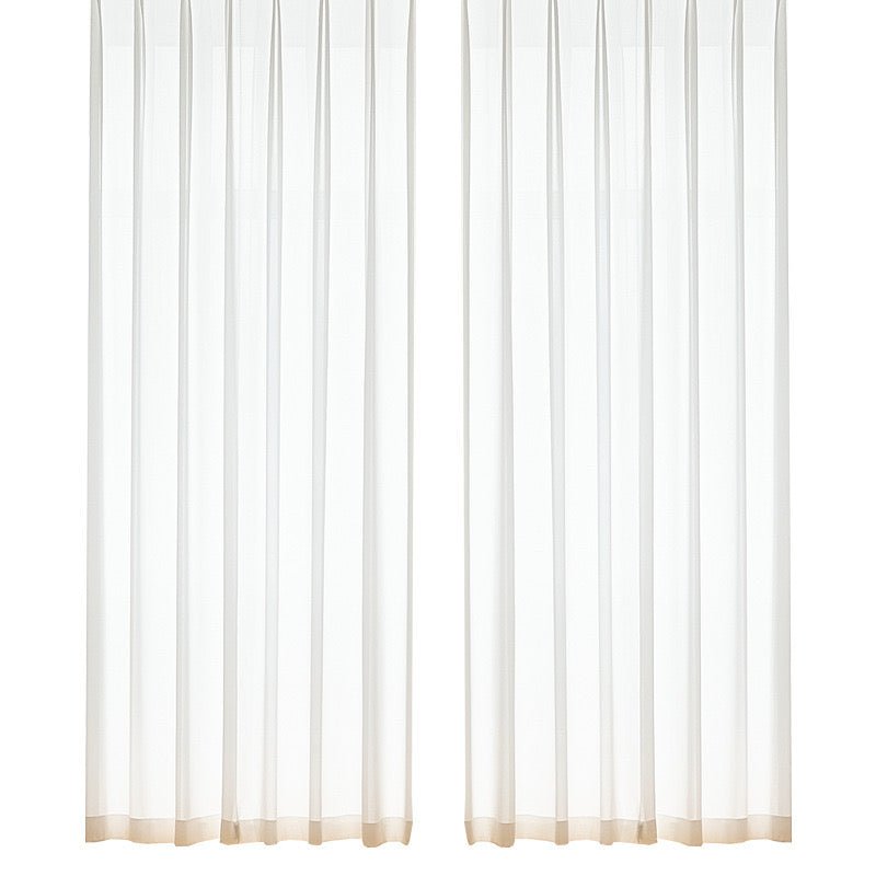 Two panels of white semi-sheer curtains on a white background